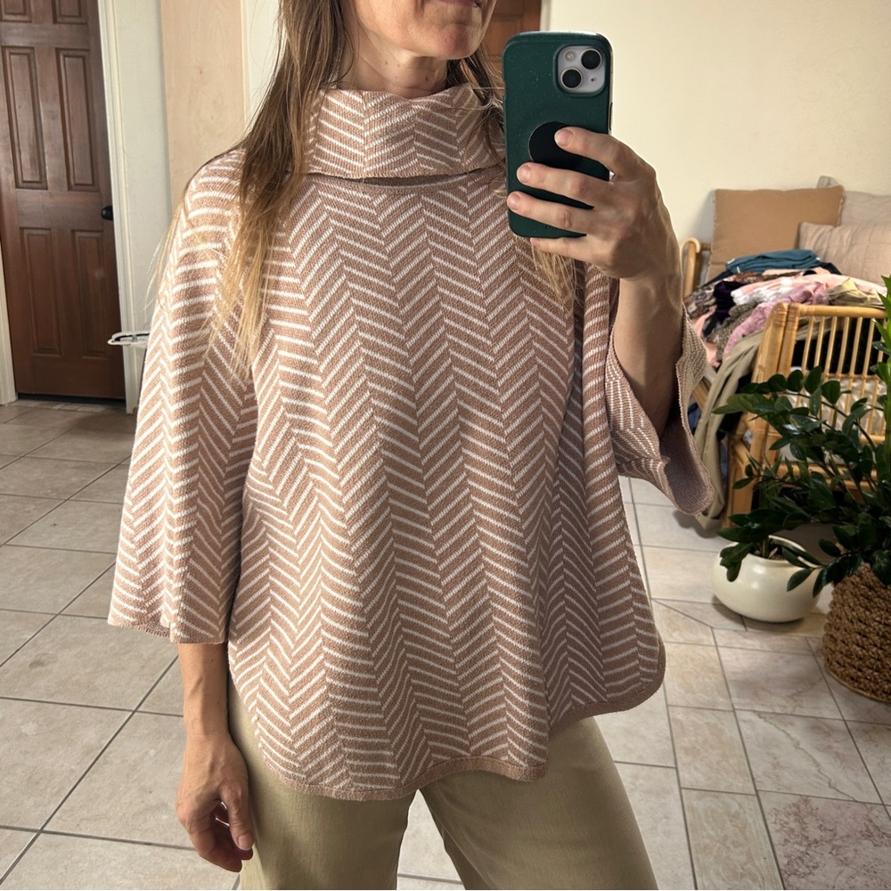 Cowl Neck Striped Poncho Cape Sweater Classic Cozy Beige, Women’s XS